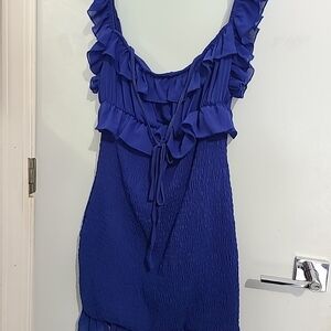 SHEIN Royal Blue Women's Mini Dress Sz L 8/10 Ruffle Off- Shoulder .